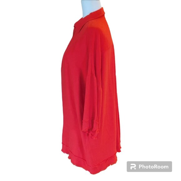 Umgee Tomato Red Linen Blend Over-Sized Boho Tunic with Frayed Hem - Picture 4 of 9